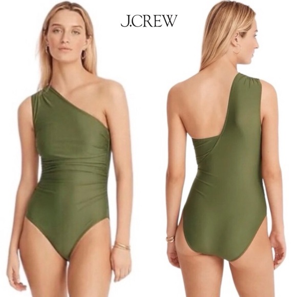 NWT J Crew Ruched One Shoulder One Piece Swimsuit Safari Olive Green Swim 22 - Picture 4 of 15